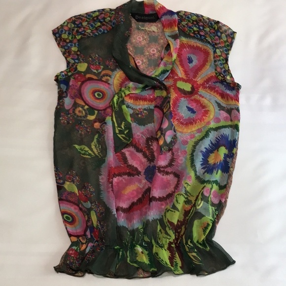 Desigual Sheer Floral Tie V-Neck Blouse S Y2K Cap Sleeve Art Print - Picture 17 of 17